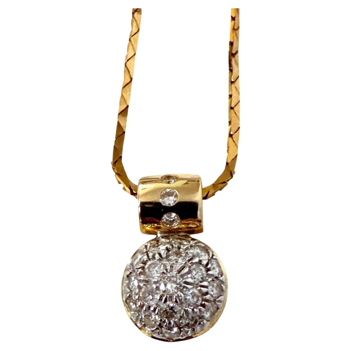 14K Yellow Gold .35 Carat Diamond Encrusted Domed Disc Pendant Necklace 16"
