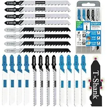 20PCS T Shank Jigsaw Blades Tool for Wood Plastic Metal Compatible with 90% Power Jig Saws Such as Bosch DEWALT RYOBI One+ Makita SKIL Black+Decker Includes 4 Each of T101B T101AO T144D T118A & T118B