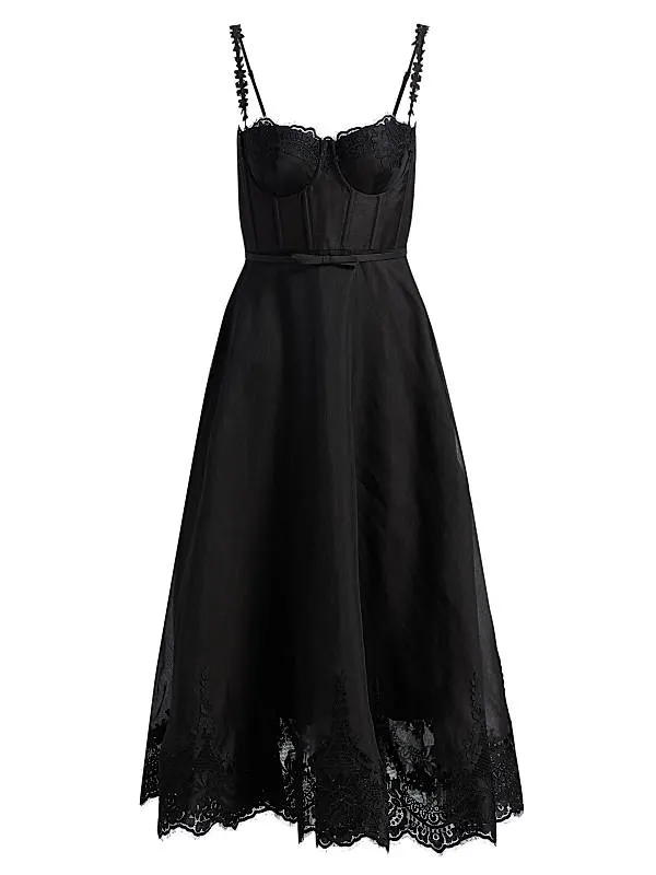 Hypnotic Linen-Silk Lace-Trim Midi-Dress