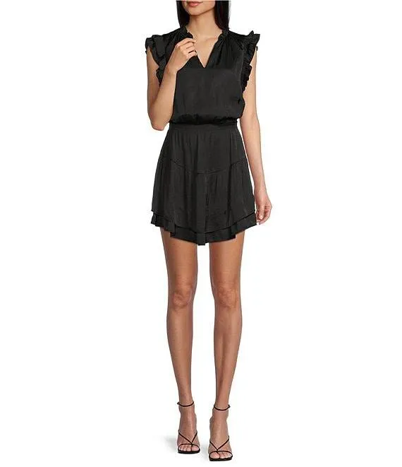Prairie Dreams Satin V-Neck Ruffle Cap Sleeve Mini Blouson Dress