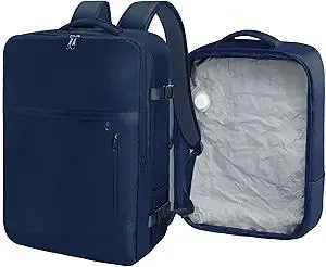 SUOCO Travel Backpack with Vacuum Bag, 50-60L Seal Compression Air Vac Back Pack with Travel Pump, Carry On Suitcase Luggage Flight Approved for Men Women Personal Item, Navy Blue