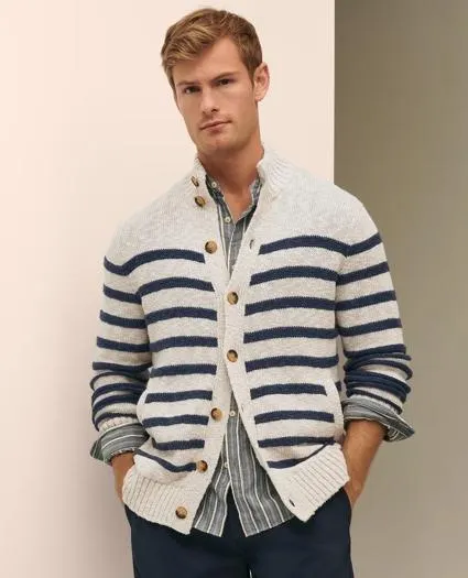 Cotton-Linen Mariner Stripe Mock Neck Cardigan