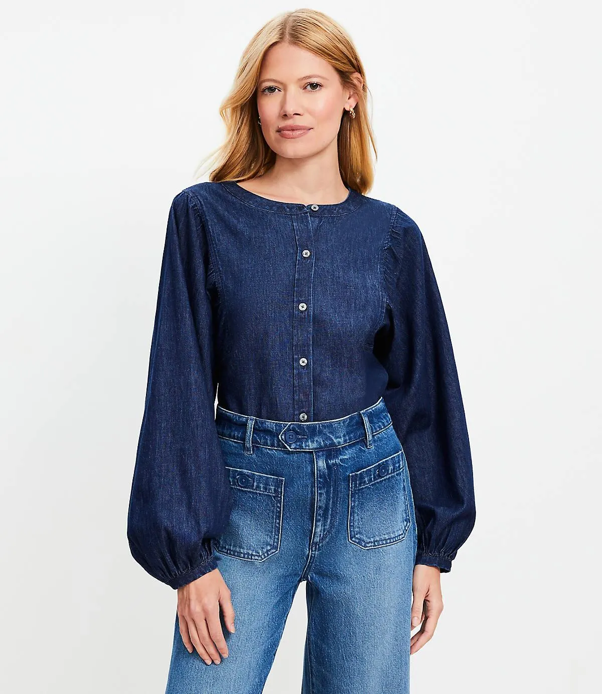 Chambray Blouson Sleeve Blouse