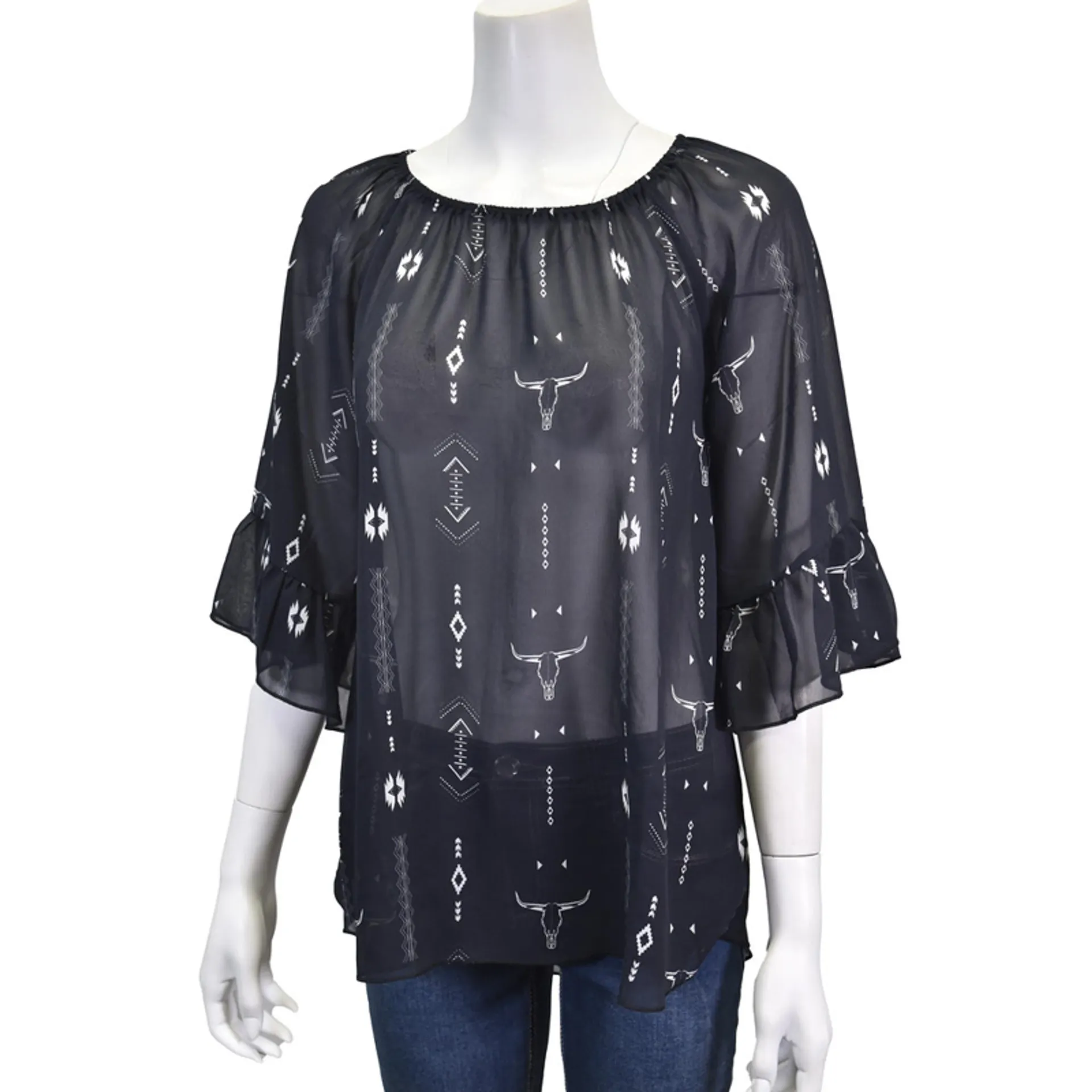 Cowgirl Hardware Women's Black & White Aztec Skull Print 3/4 Bell Sleeve Chiffon Top