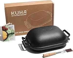 KUHA Cast Iron Bread Pan with Lid + Bread Lame - Black Heavy Duty Cast Iron Loaf Pan for Homemade Breadmaking - Pre-seasoned Bread Oven