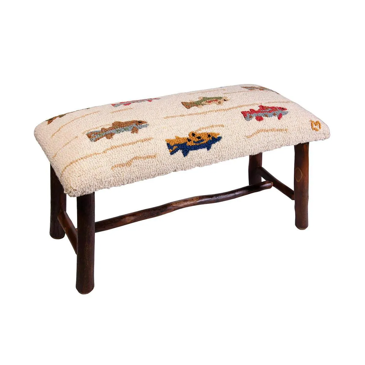 Summer Trout Hand-Hooked Wool and Hickory Wood Bench