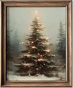 HubbgDesign Vintage Christmas Tree Wall Decor, Christmas Decoration, Forest Wall Art Decor, Rustic Winter Holidays Wall Art, Print Unframed (11x14in, Christmas Tree with Lights)