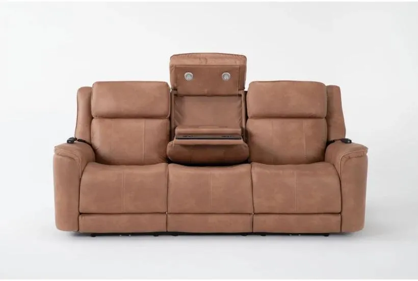 Zachary Saddle Brown 88" Power Zero Gravity Reclining Sofa with Power Headrest Heat Massage Drop Down Tray Cupholders LED Lights Wireless Charging & USB