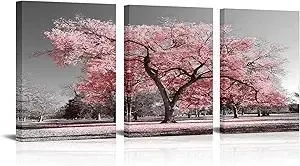 Visual Art Decor Pink Tree Canvas Wall Art Pink and Grey Room Decor Cherry Blossom Wall Art Modern Art Framed Ready to Hang Living Room Wall Decor 12x16inchx3 Piece