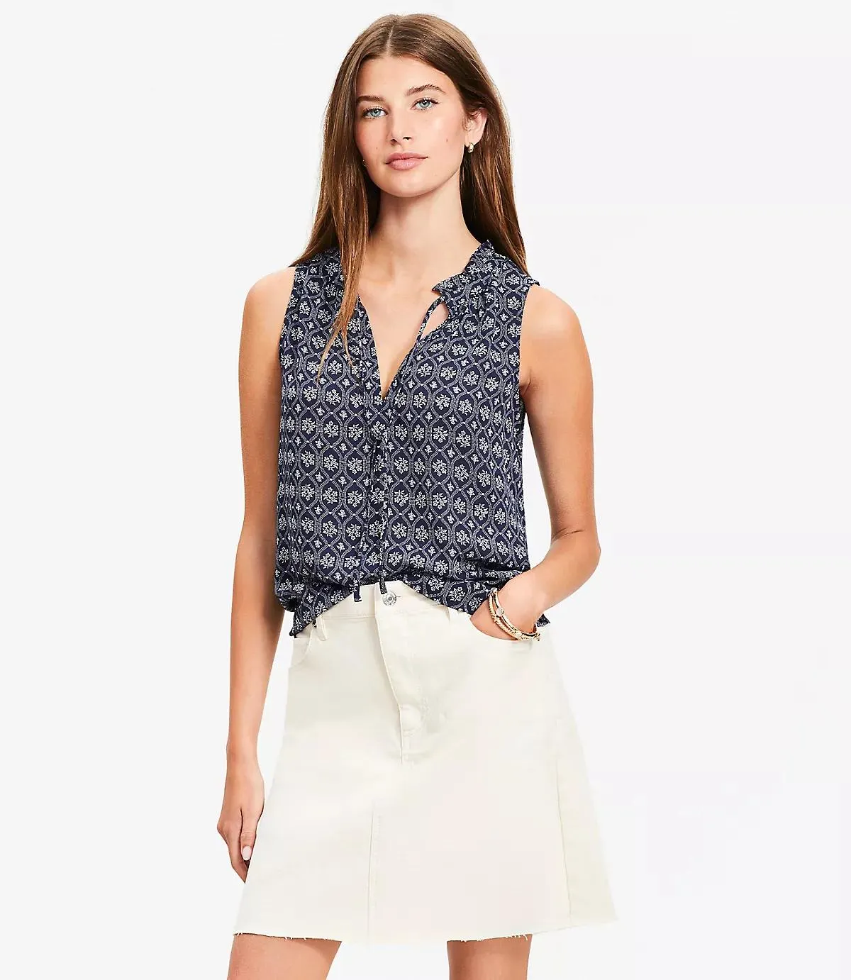 Floral Tile Ruffle Tie Neck Mixed Media Blouse