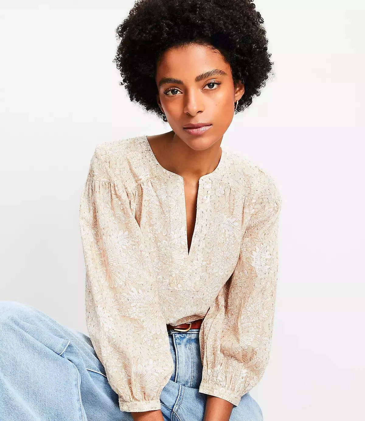 Shimmer Clip Floral Split Neck Popover