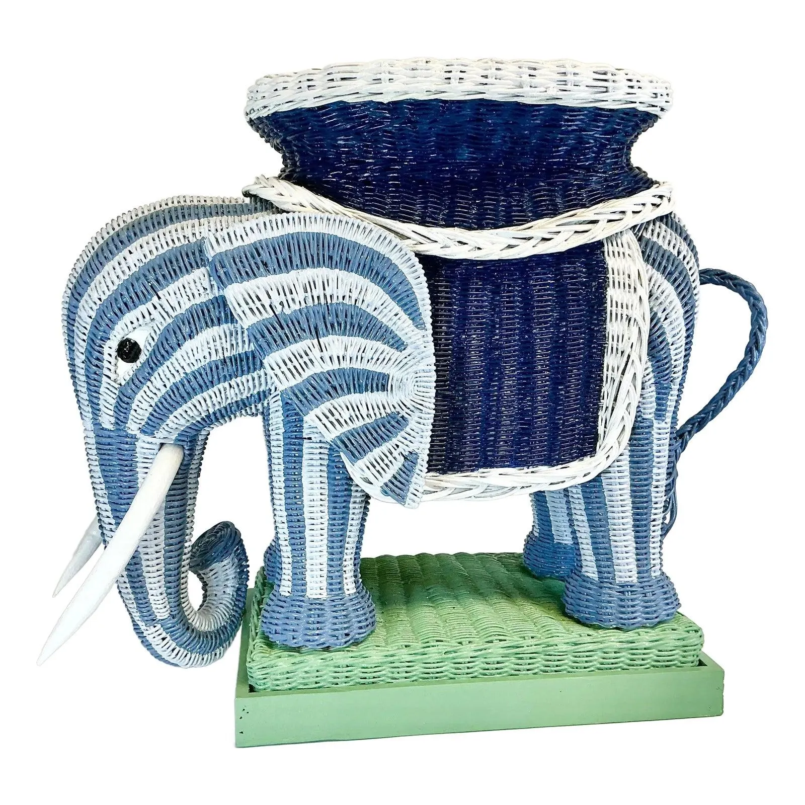 1980 Vintage Palm Beach Coastal Cabana Striped Wicker Elephant & Tray Side Table, Artist Signed Jen Lee
