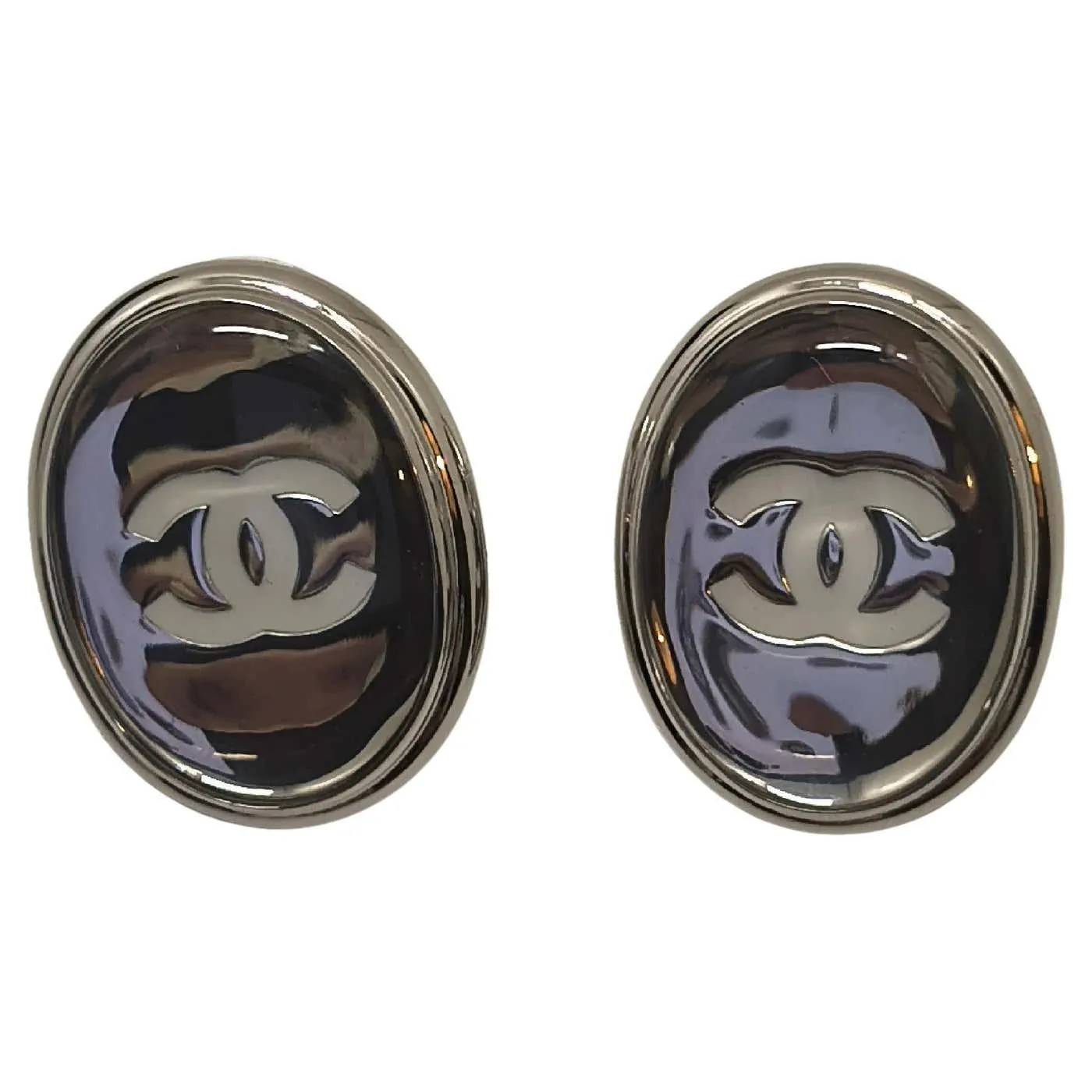 Chanel 25 Collection Silver-Tone Oval Stud Oversized Large Earrings