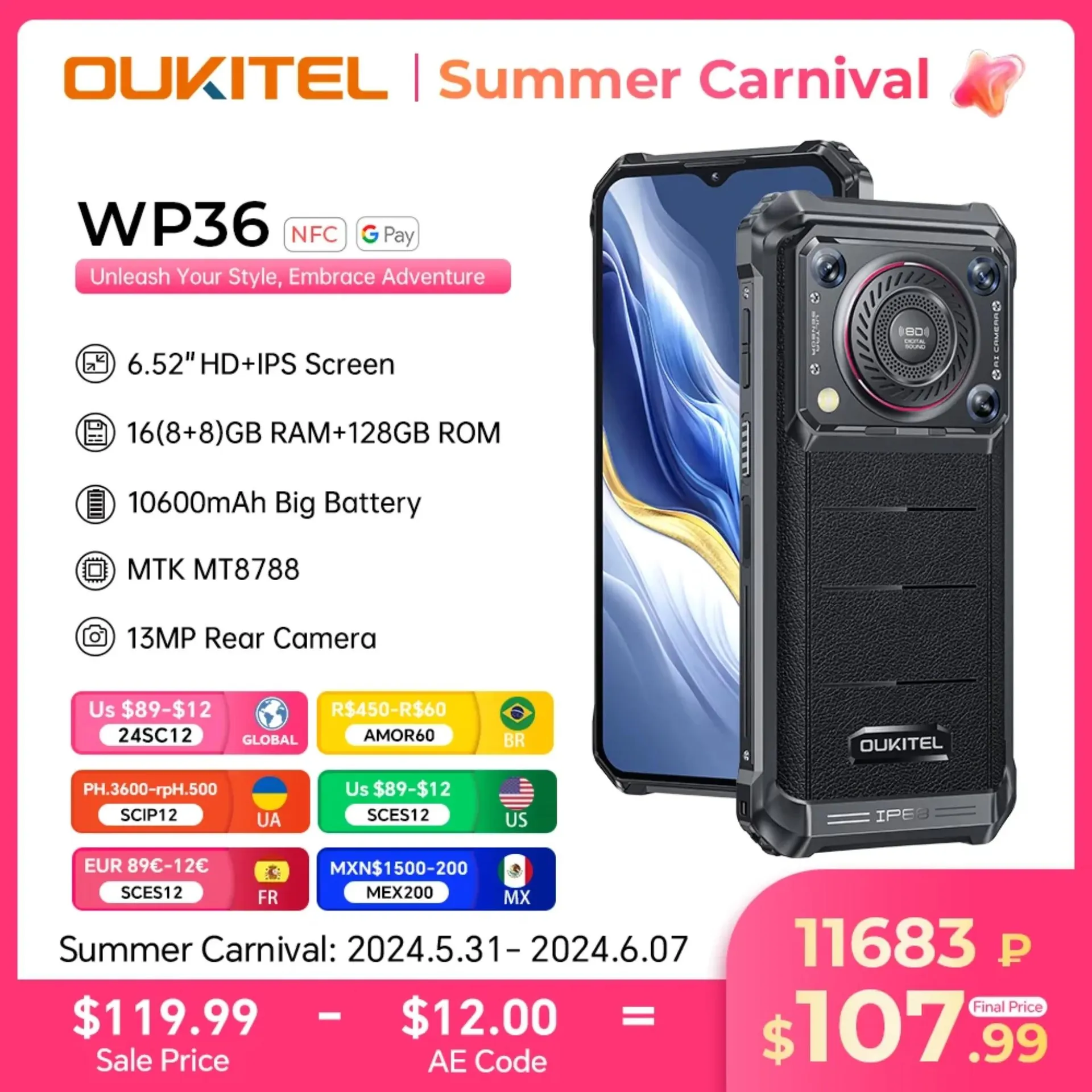 [Estreno mundial] Oukitel WP36 Smartphone robusto 10600mAh 6.52″ HD+ Celular 16GB 128GB Teléfono móvil Android 13 Cámara de 13MP