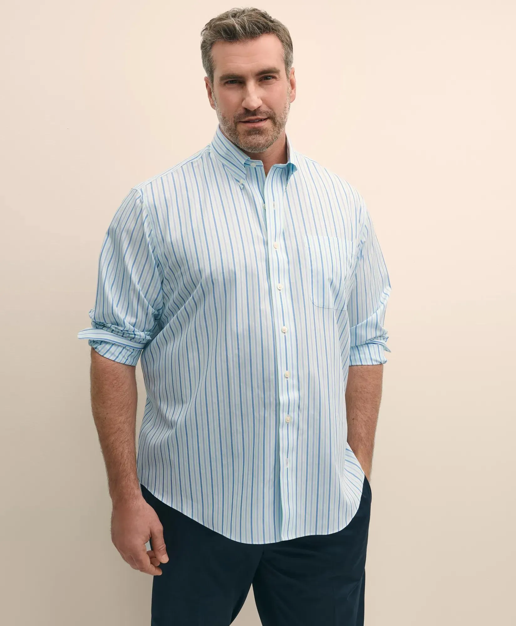 Big & Tall Stretch Cotton Non-Iron Polo Button Down Collar, Alternating Stripe Shirt