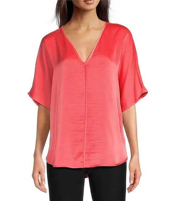 DKNY by Donna Karan Woven V-Neck Short Sleeve Blouse