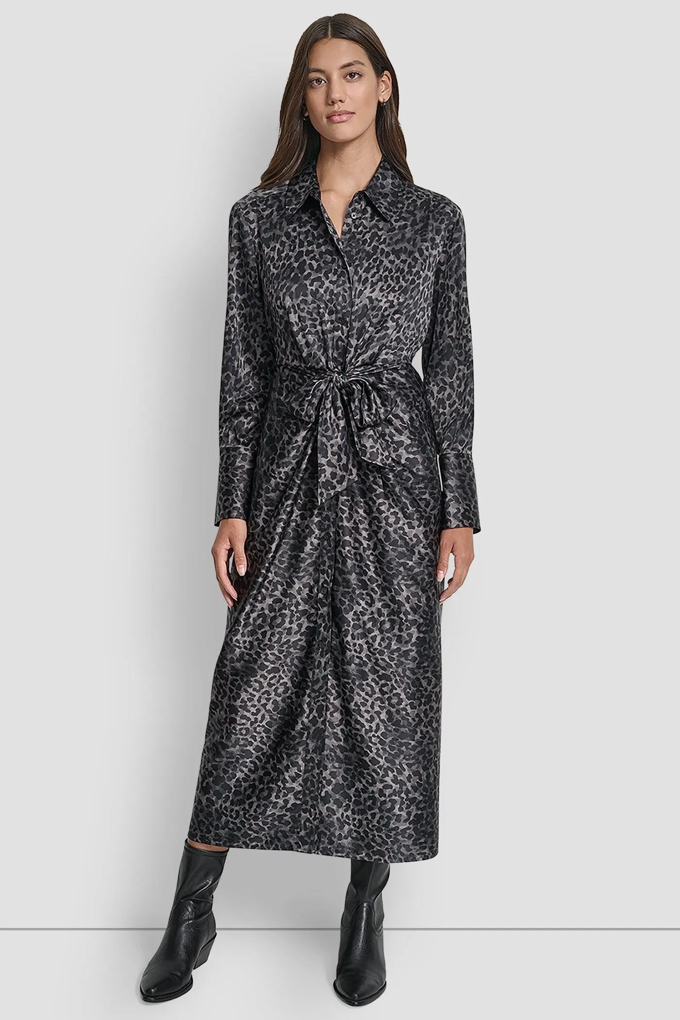 LONG SLEEVE BUTTON FRONT SHIRT DRESS WITH TIE WAIST