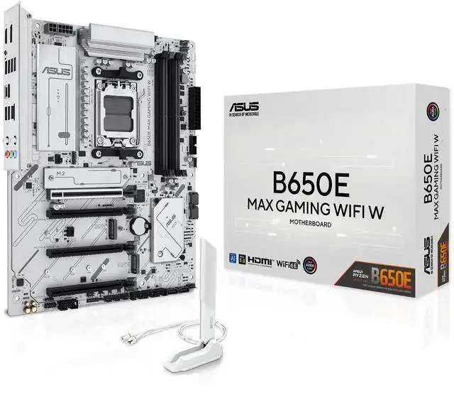 ASUS B650E MAX GAMING WIFI W - AMD B650 AM5, PCIe 5.0, ATX Motherboard, White PCB, DDR5, 3x M.2, Wi-Fi 6E, 2.5Gb LAN, USB 10Gbps Type-C, DisplayPort, HDMI, BIOS FlashBack, Aura Sync, Advanced AI PC