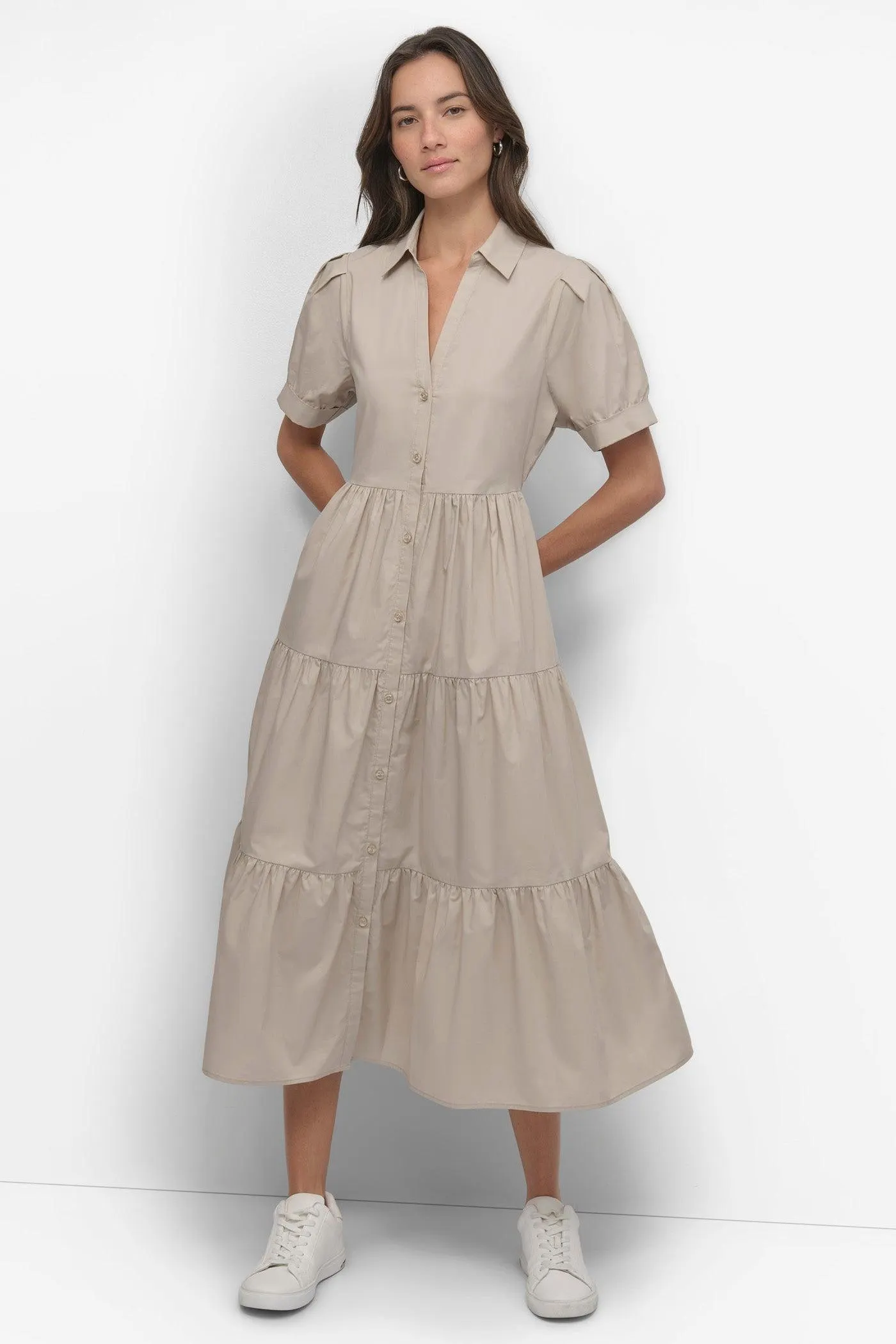 TIERED MIDI SHIRT DRESS