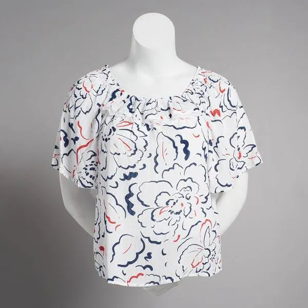 Womens Zac & Rachel Elbow Sleeve Ruffle Neck Flowers Blouse