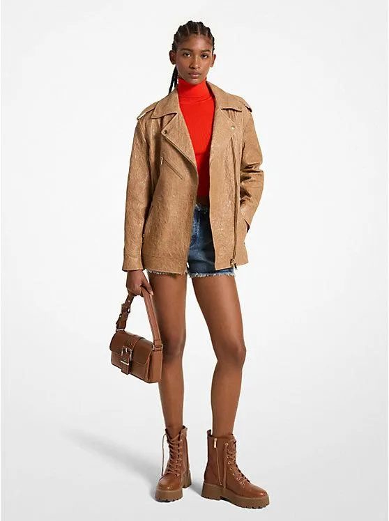 Oversized Crinkled Leather Moto Jacket