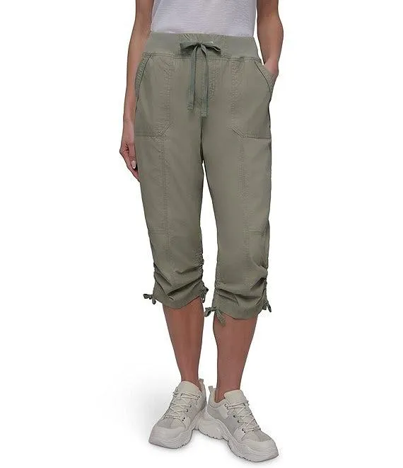 DKNY Sport by Donna Karan Peached Poplin Ribbed Waist Convertible Cinched Cargo Capri Pull-On Pant