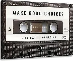 Inspirational Office Canvas Wall Art Picture Vintage Cassett Tape Prints Make Good Choices Life Has No Rewind Inspiring Artwork Motivational Wall Decor for Office Bedroom Living Room 12x16in Framed