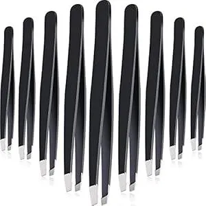 Mudder 12 Pcs Eyebrow Tweezers Set for Facial Hair Stainless Steel Slant Tip Tweezers in Bulk for Men and Women(Black)