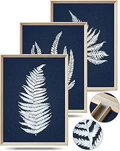 UPWOIGH Wood Framed Wall Art, Minimalist 12x16in Botanical Wall Decor, Fern Plants Framed Prints, White Leafs Tropical Plants,Blue Naval Background High-Frame Process,Bedroom,Set of 3