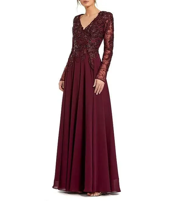 Embellished Floral Lace V-Neck Illusion Long Sleeve Gown