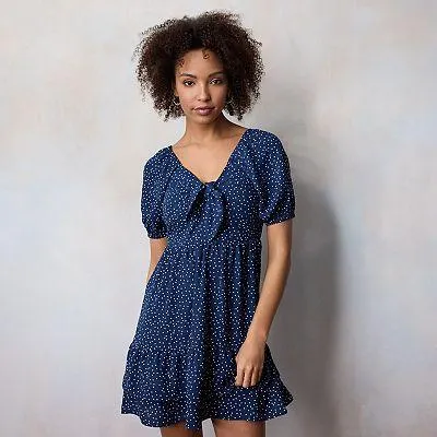Women's LC Lauren Conrad Tie Neck Short Puff Sleeve Ruffled Mini Dress