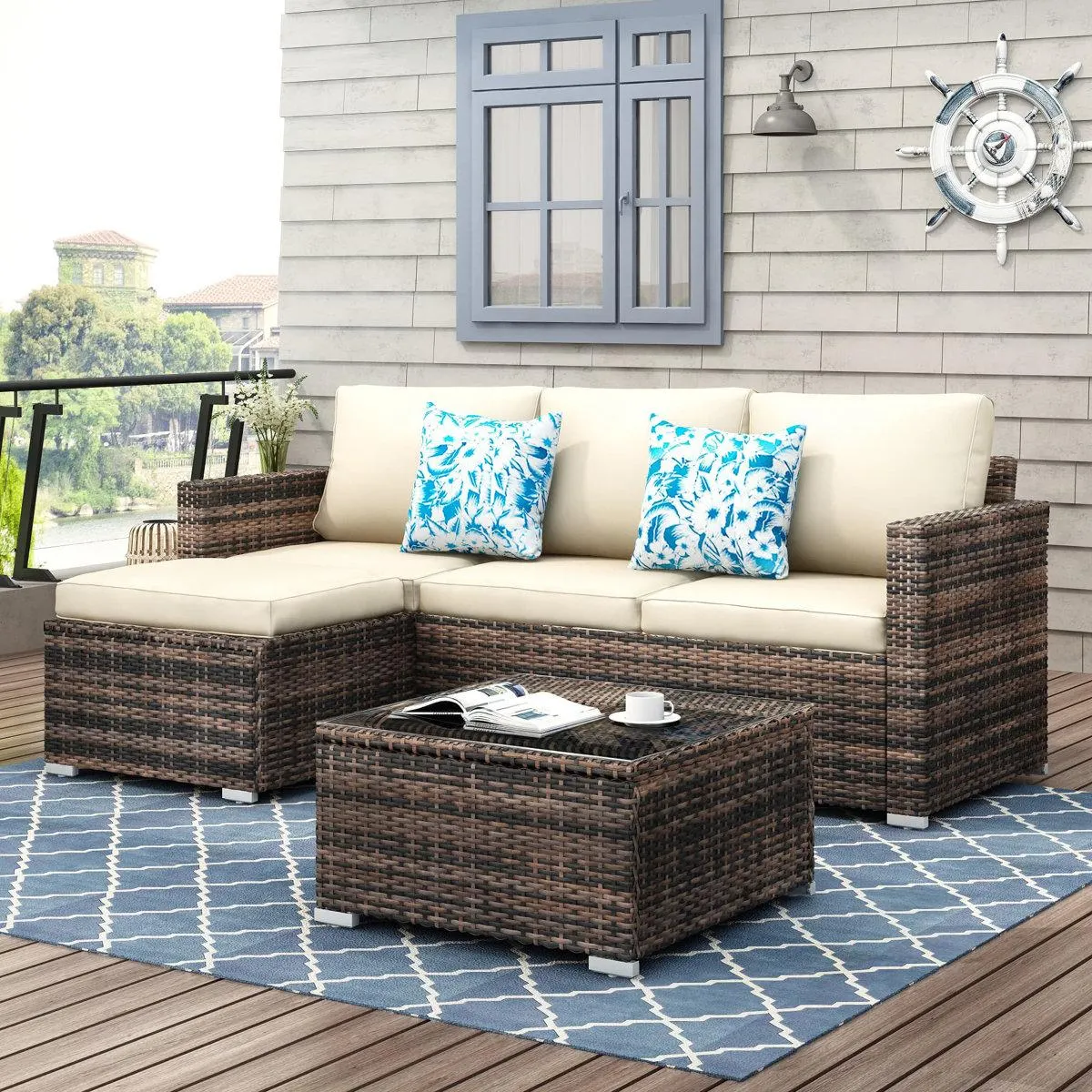 Southerland 3-Piece All-Weather PE Wicker Sectional Sofa Set Modular Outdoor Patio Furniture Seating Group with Cushions & Glass Table