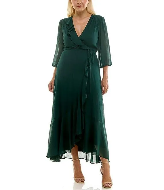 Plus Size V-Neck 3/4 Sleeve Ruffled Midi Dress