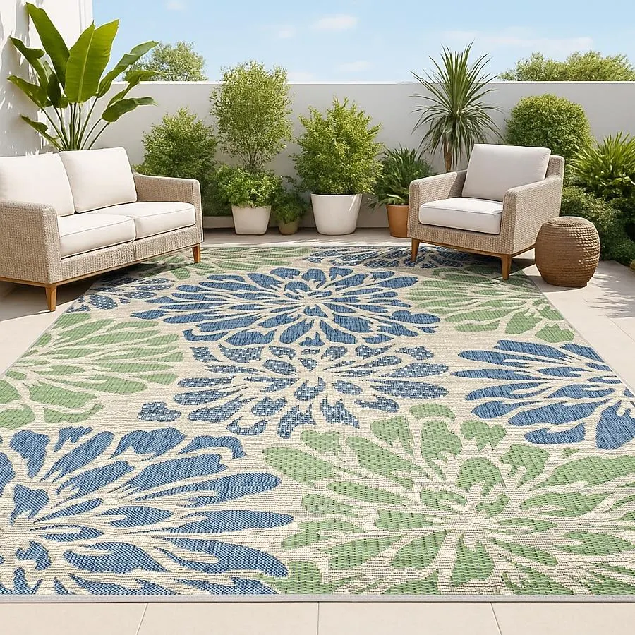 JONATHAN Y SANTA MONICA Zinnia Modern Floral Textured Weave 5 x 8 (ft) Loomed Navy/Green Rectangular Indoor/Outdoor Floral/Botanical Bohemian/Eclectic Pet Friendly Area rug