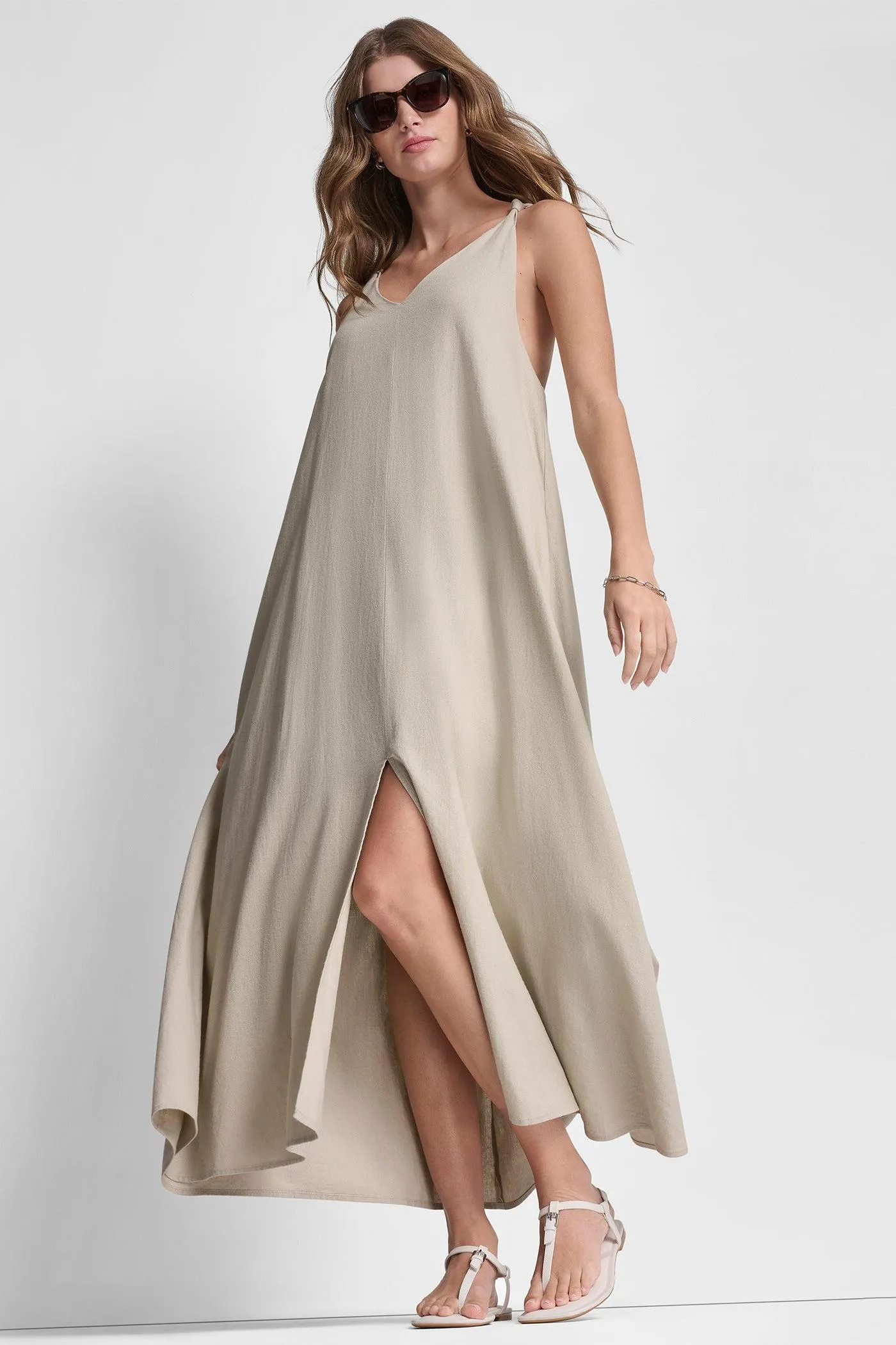 LINEN-BLEND TIE BACK MAXI DRESS