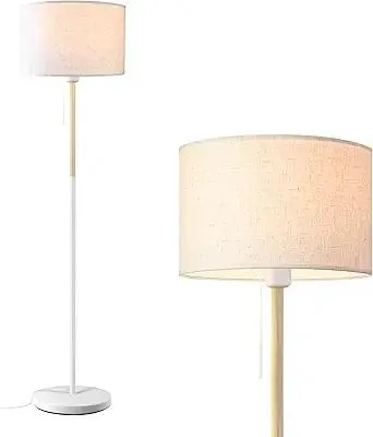Bedroom Floor Lamp Farmhouse Floor Lamps for Living Room Mid-Century Pole Lamp Linen Lamp Shade, Standing Tall Lamps for Bedrooms and Office (White)