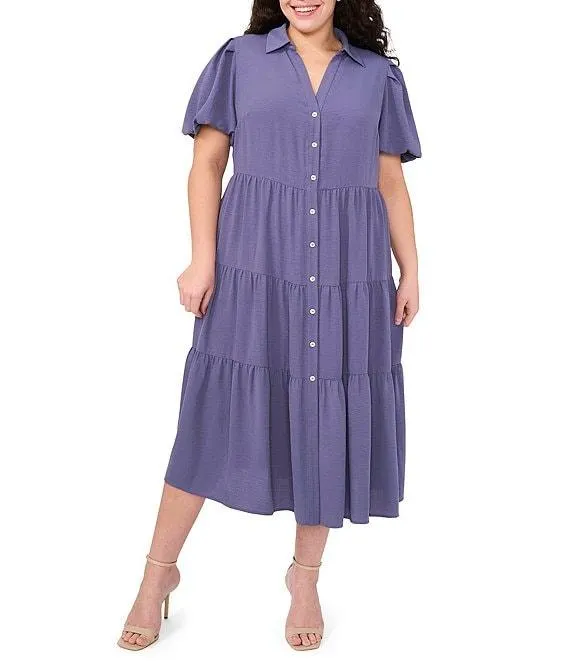 Plus Size Drapey Gauze Point Collar V Neck Short Puff Sleeve Button Front Tiered Midi A-Line Shirt Dress