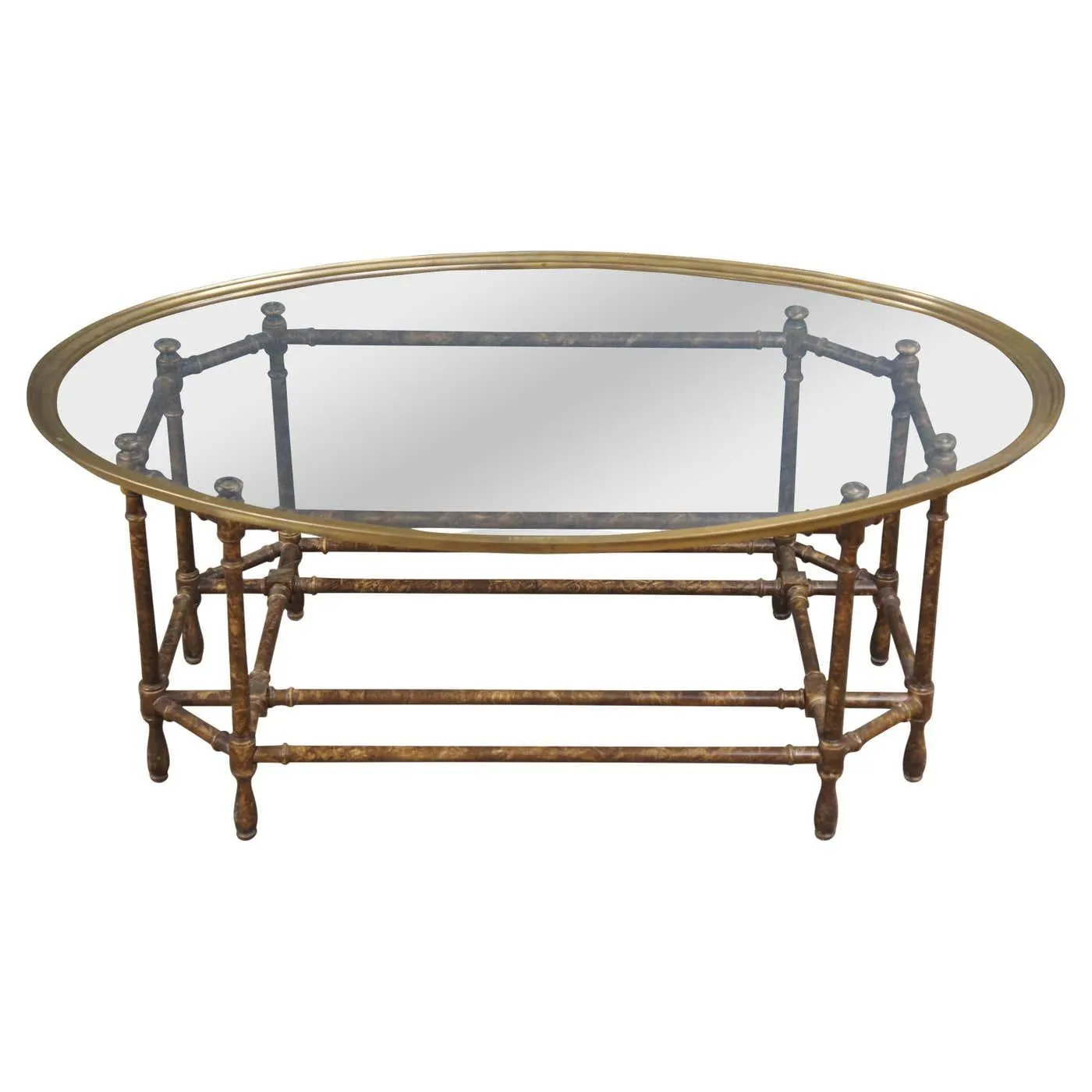 Vintage Baker Faux Bamboo Tortoiseshell Brass Oval Coffee Table 45"