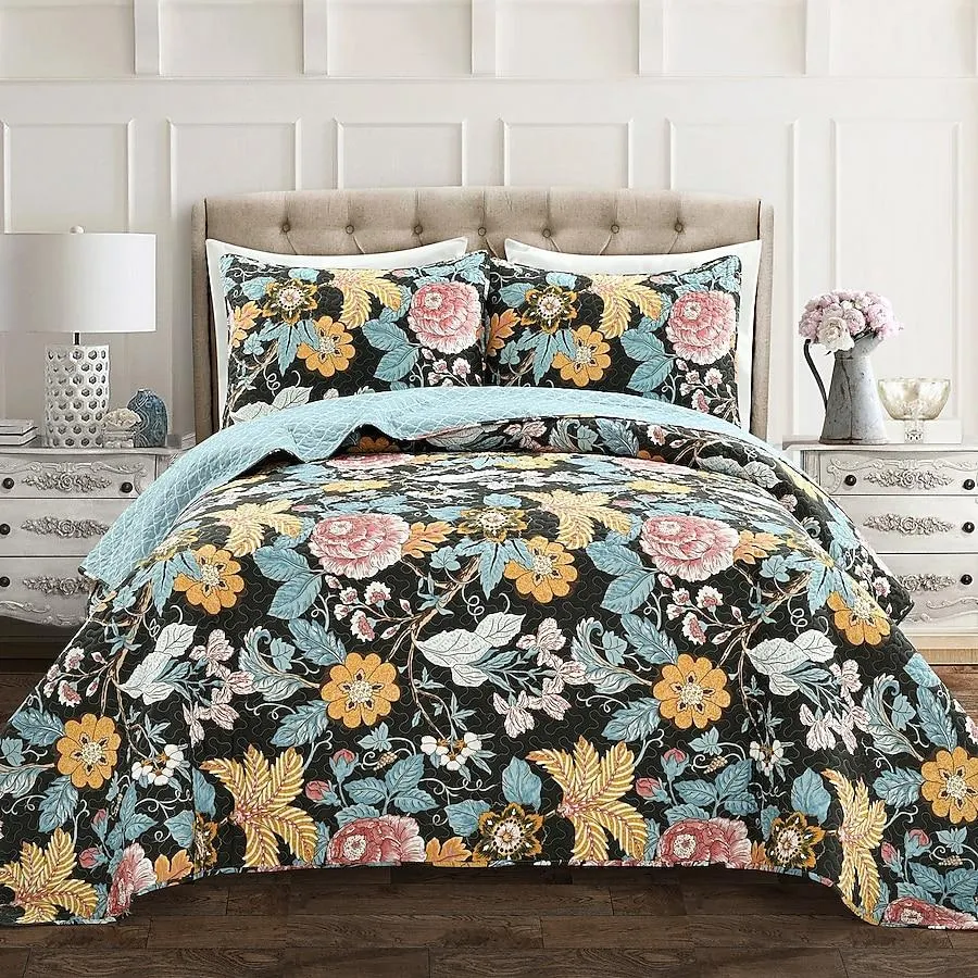 Lush Decor Black Floral Reversible Full/Queen Quilt Cotton