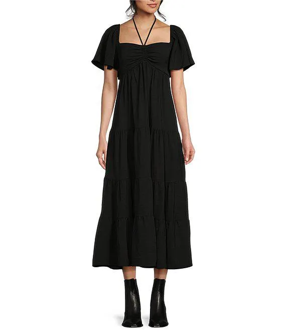 Tie Neck Short Sleeve Tiered Maxi Dress