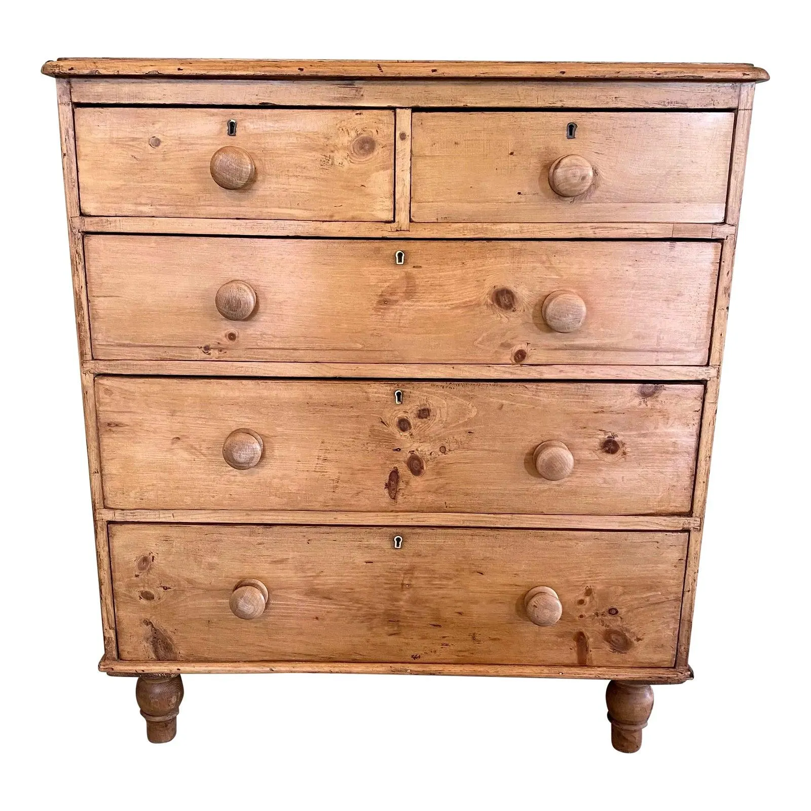 Antique Pine 2 Over 3 Chest of Drawers With Wooden Knobs From England - Circa 1870