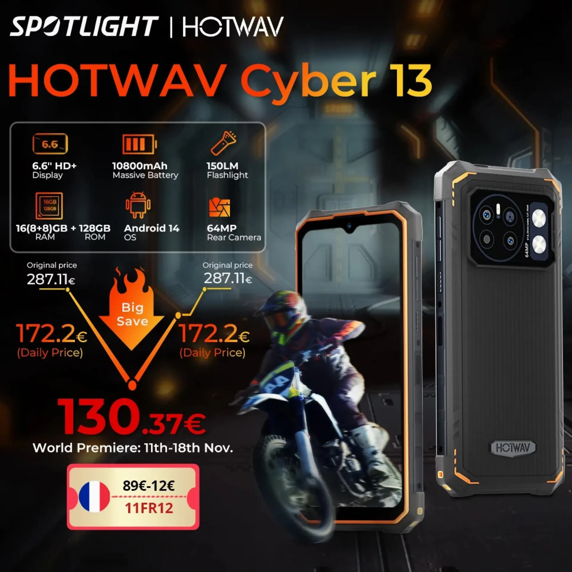 [Estreno mundial] HOTWAV Cyber ​​13 Rugged Phone Linterna de 150LM 8GB 128GB Smartphone 6.6” HD+ 10800mAh 64MP Android 14 Celular