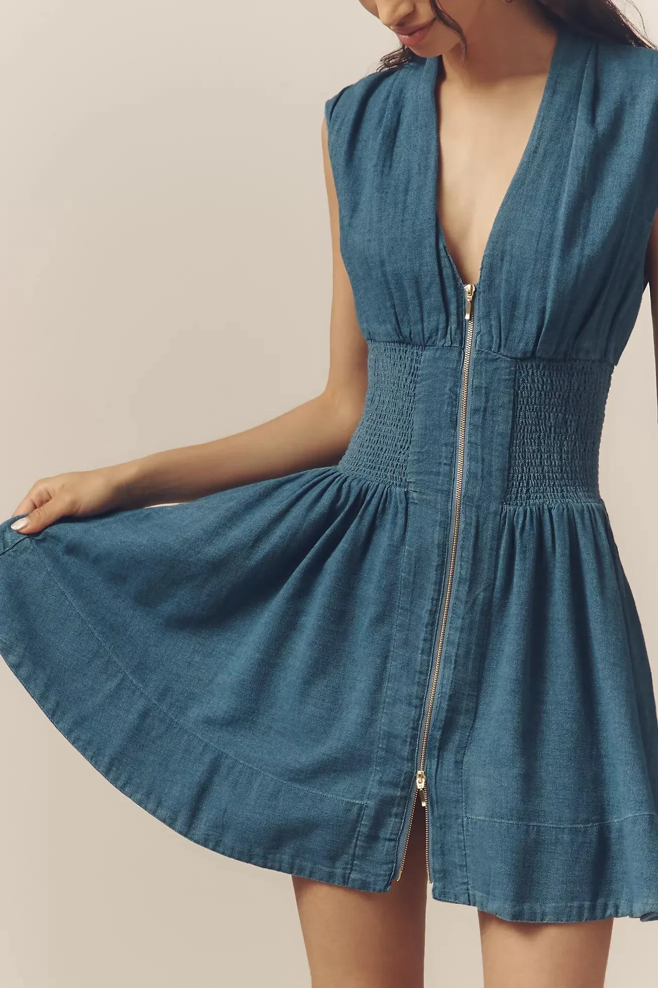 The Tommie Cap-Sleeve Smocked Front-Zip Shirt Dress: Mini Denim Edition