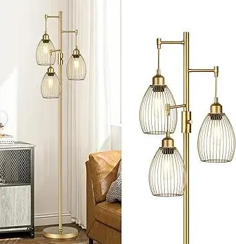 Torondo Dimmable Floor Lamp, Industrial Floor Lamps for Living Room, Gold Tree Lamp Standing Lamp Tall Lamps with 3 Elegant Teardrop Cage Head & 800 Lumens LED Bulbs for Living Room Bedroom Office