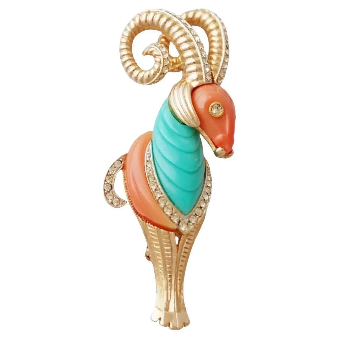 Coral and Turquoise Lucite Gilded Ram Figural Brooch By Hattie Carnegie, 1960s