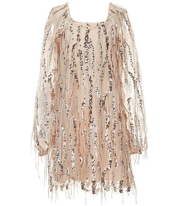 Big Girls Long-Sleeve Sequin-Embellished Fringe-Accented Sheath Dress