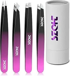 Professional Tweezers Set for Eyebrows – 4PC Precision Stainless Steel Tweezers Kit with Slant, Pointed & Flat Tips – Eyebrow Hair Removal Tool for Women & Men – Eco-Friendly Paper Tube Packaging