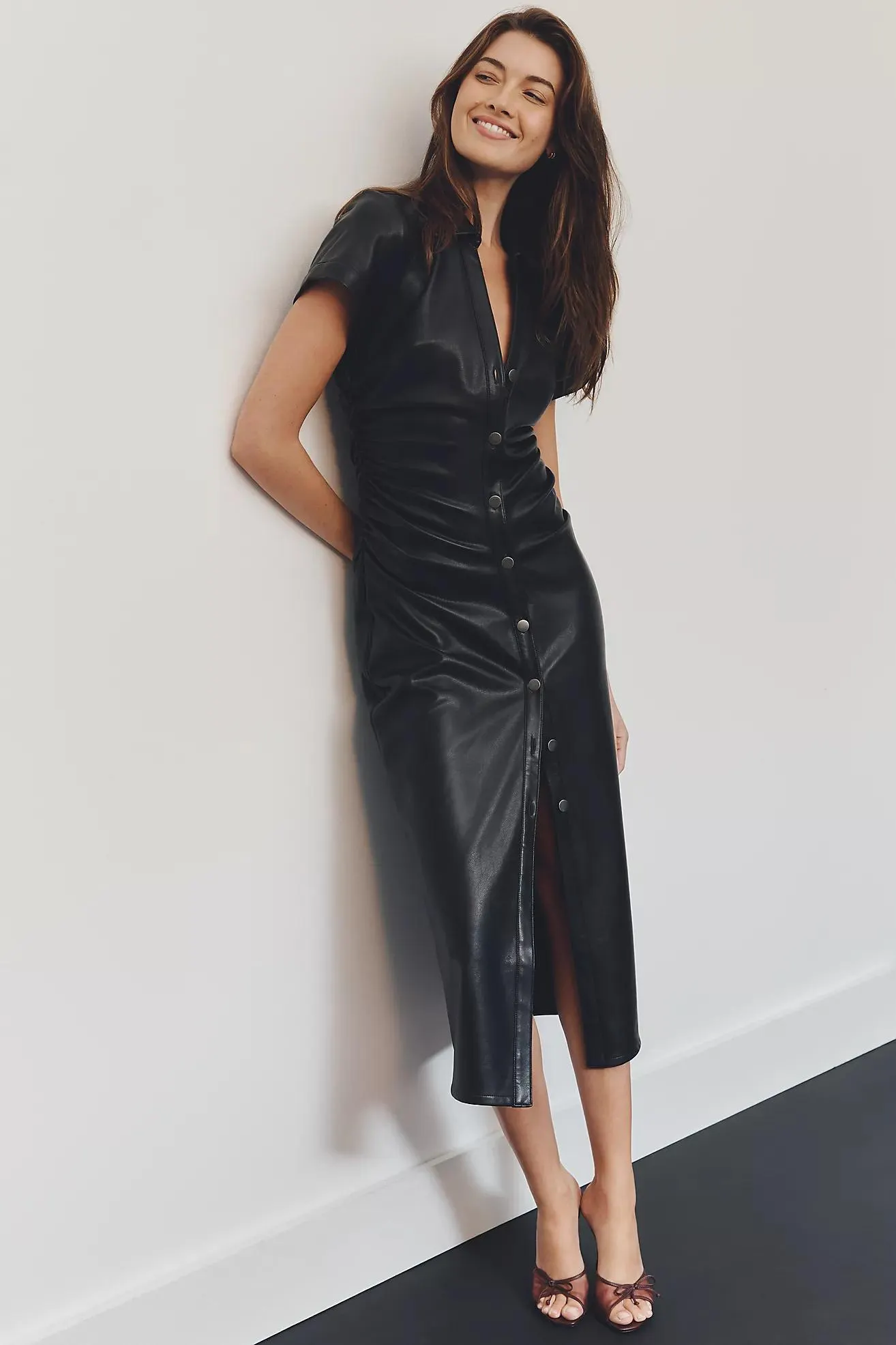 Pilcro Faux-Leather Short-Sleeve Ruched Midi Shirt Dress