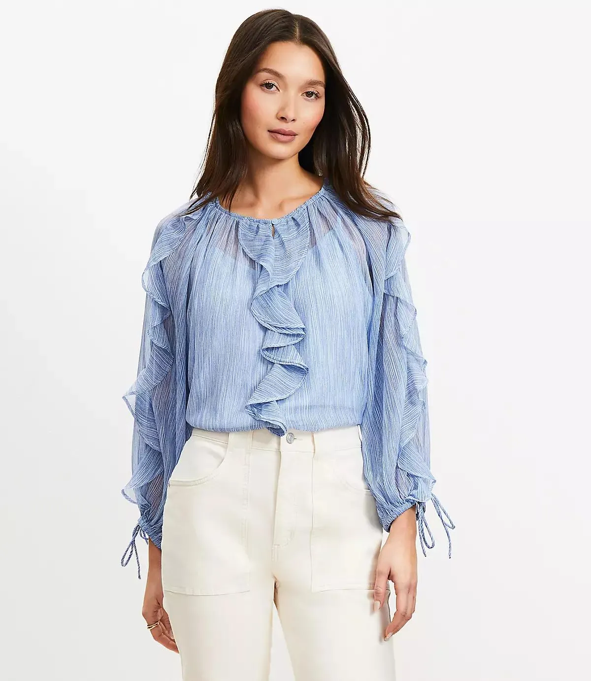 Striped Chiffon Ruffle Tie Cuff Blouse