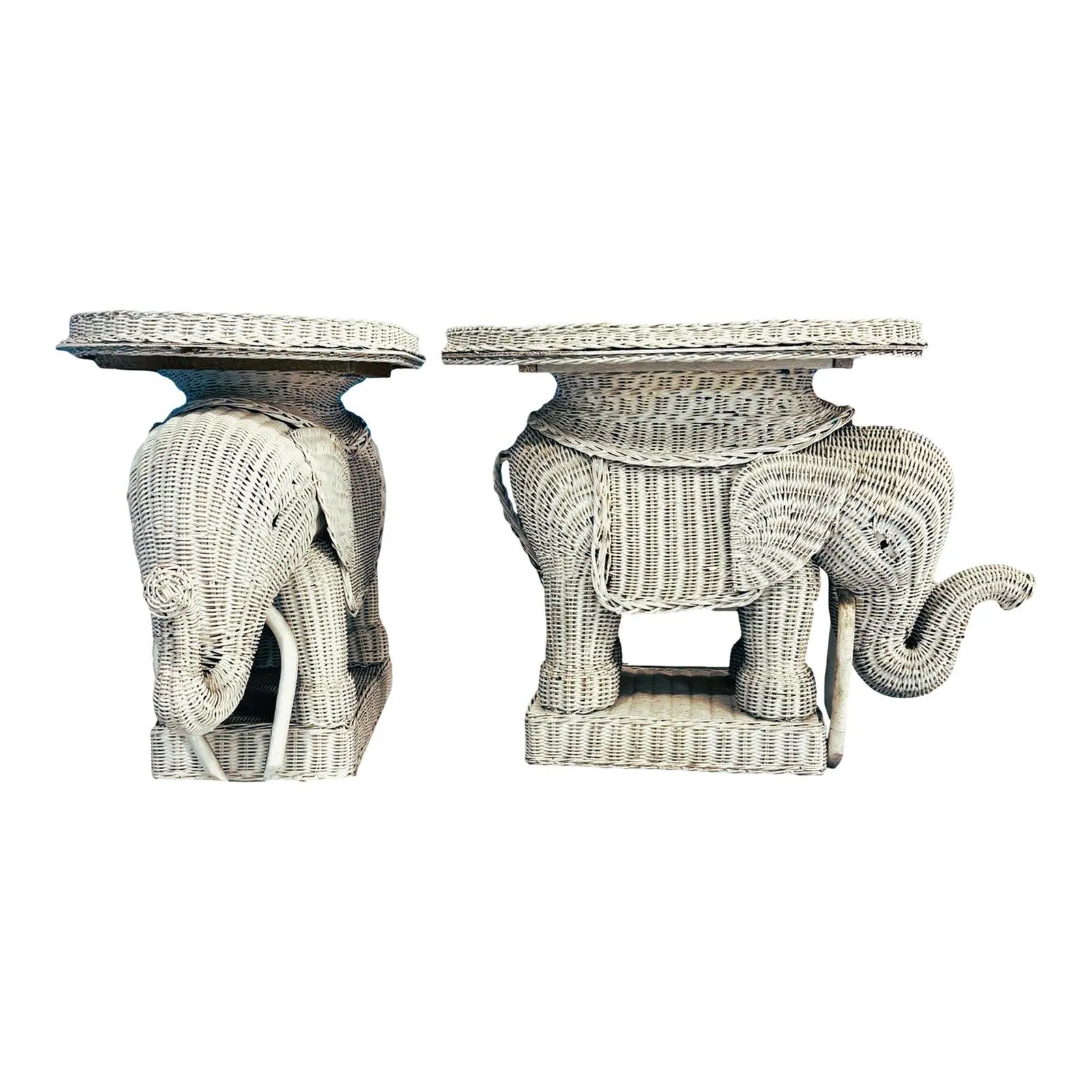 Vintage Whitewashed Wicker Elephant Garden Stools or Side Tables – A Pair